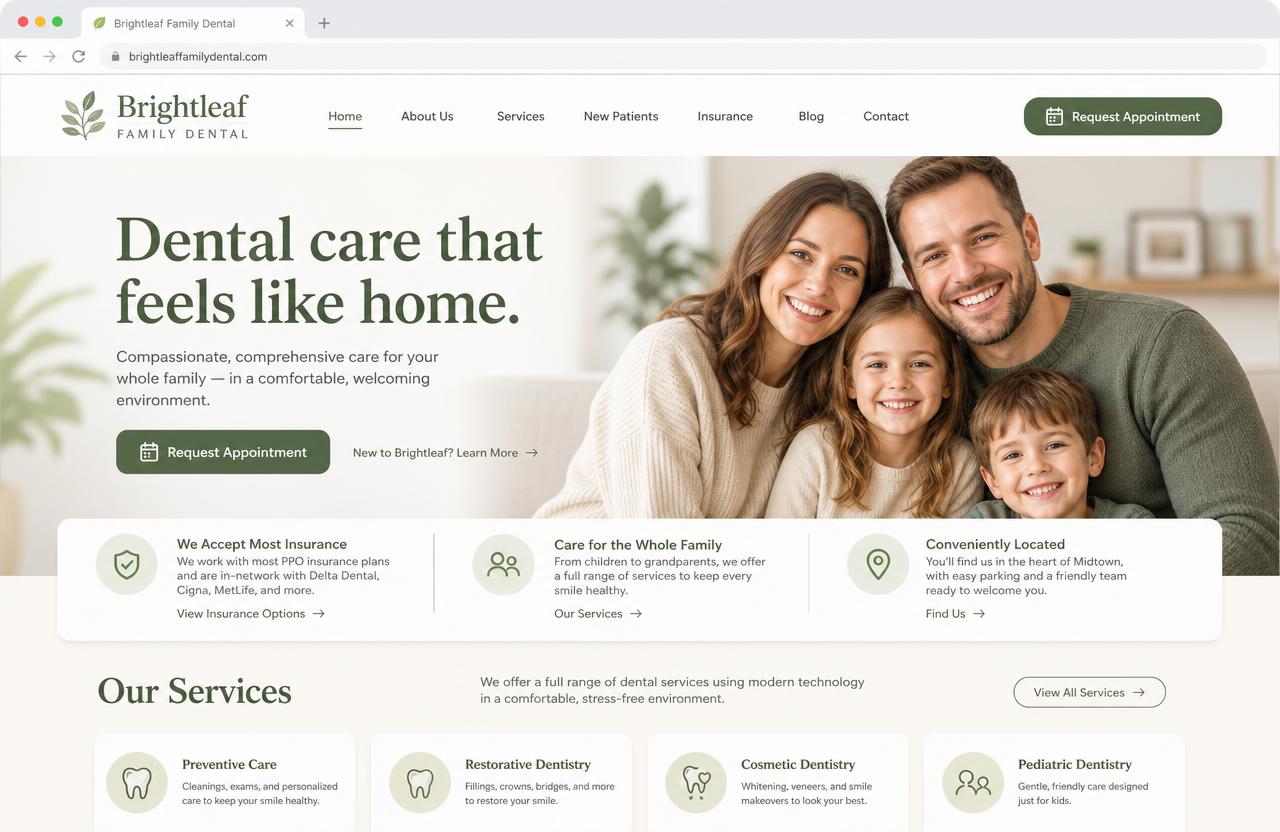 Brightleaf Family Dental website homepage